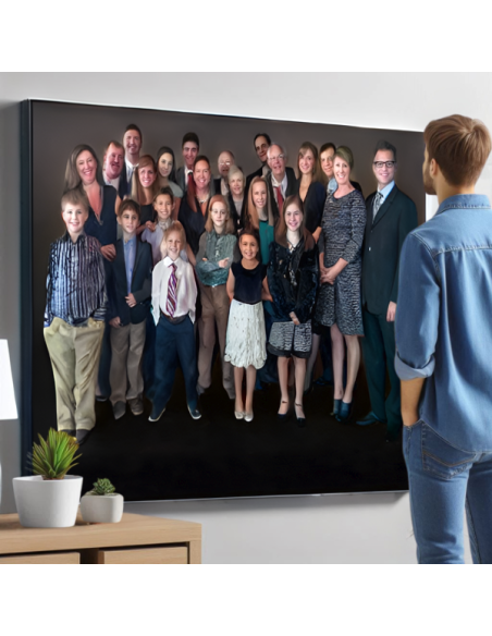 A man views large family painting in oil with 23 people painted from portrait