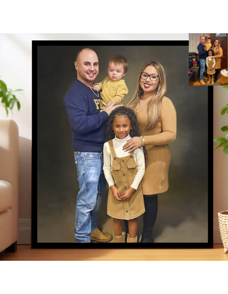 Family photo oil art gift composed of four subjects -dad,mom, and two children.
