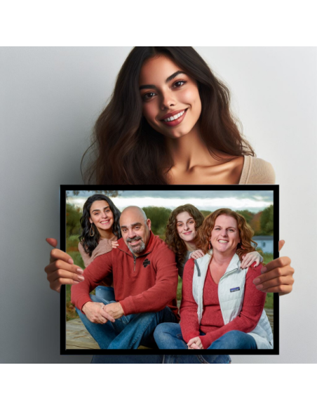 Custom family portrait canvas painting displayed in black floating frame