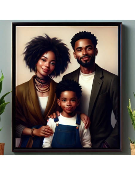 Custom oil family artwork with three subjects in a black framed canvas.