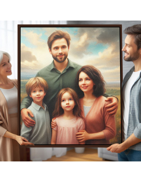 A mom gives her adult son a custom family painting in oil style as a gift