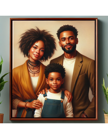 family photo to oil painting displayed in a frame