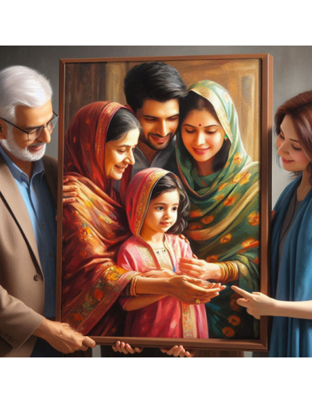 A couple admires their family oil artwork together.