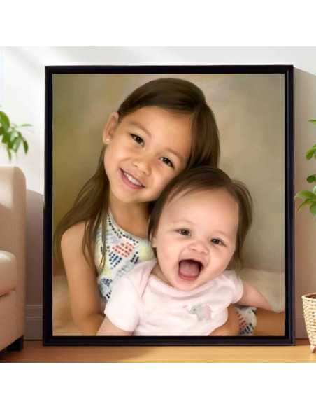 Tender sibling moment shown in this custom child oil portrait painting from photo, framed in timeless elegance