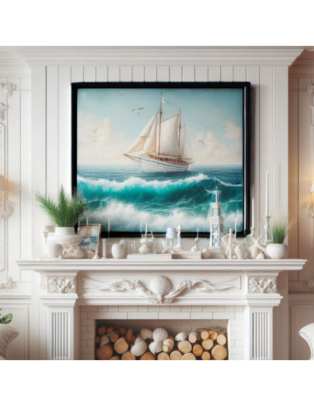 Boat canvas painting from photo in black frame