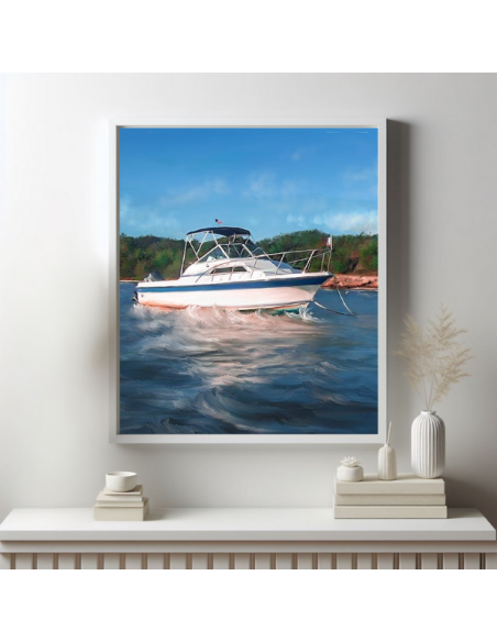 white framed boat canvas art 