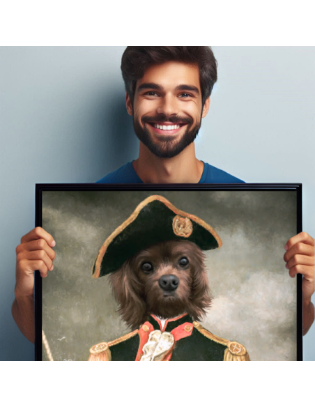 Admiral Pet Painting canvas held for display in a black floating frame