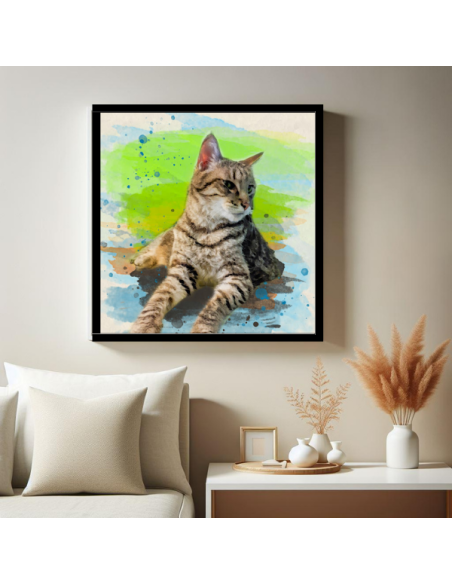  Cat Portrait with splashes of vibrant green, blue, and yellow background