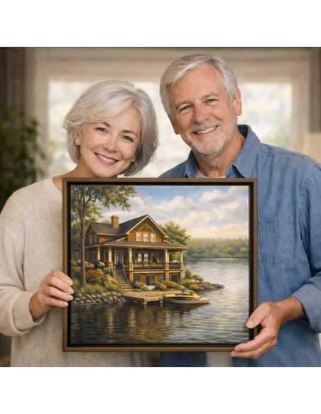 retired couple holds brown framed painting of their home