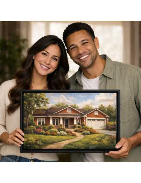 couple holding canvas painting of their house in black frame