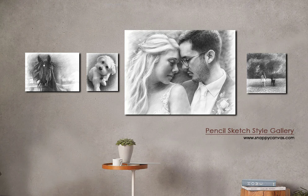 pencil sketch style canvas artwork displayed on wall
